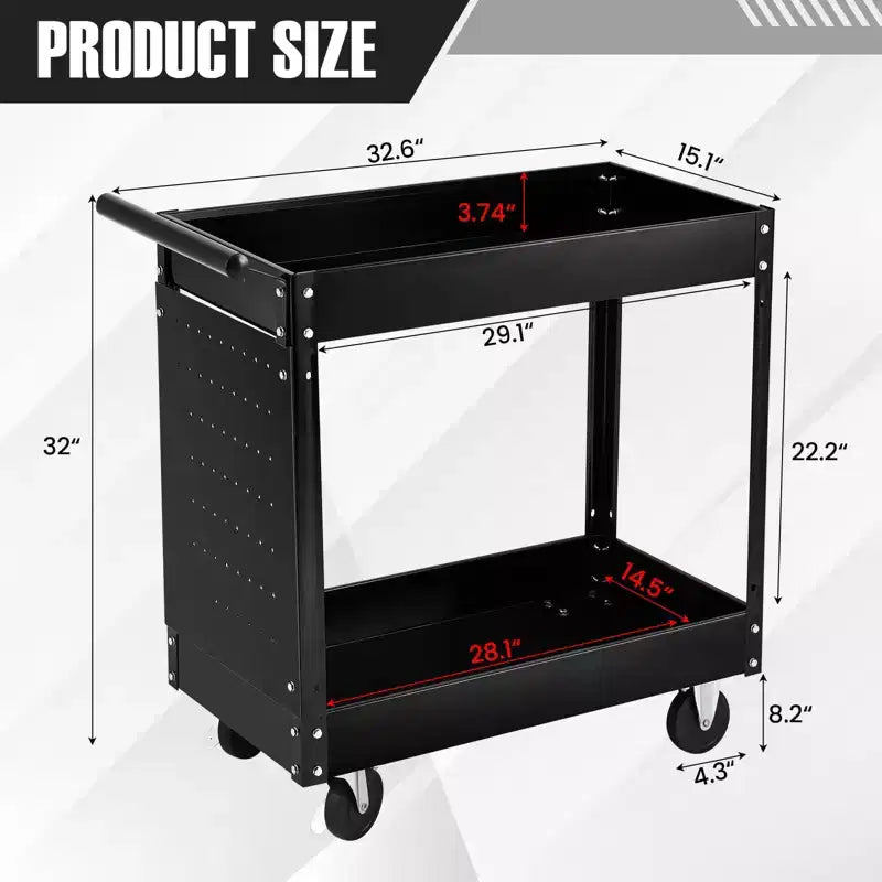 Carrello Portautensili a 2 Ripiani, Carrello Portautensili con Ruote Capacità 180 kg, Carrello di Servizio Resistente con Pannello Forato, Carrello Portautensili da Meccanico