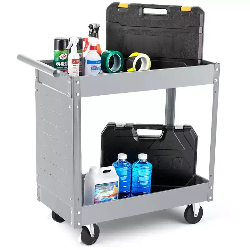Carrello Portautensili a 2 Ripiani, Carrello Portautensili con Ruote Capacità 180 kg, Carrello di Servizio Resistente con Pannello Forato, Carrello Portautensili da Meccanico