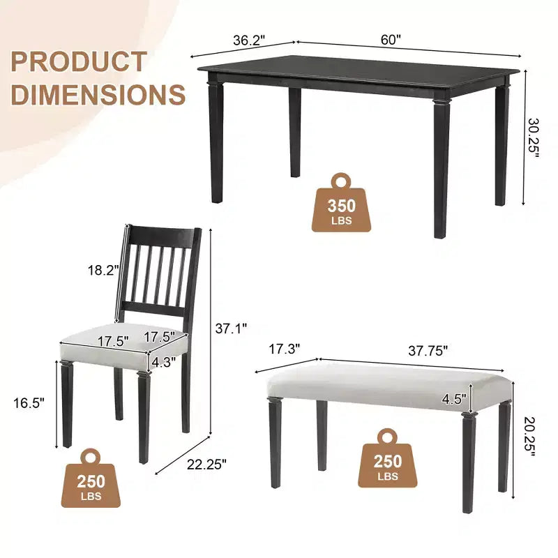 Set sala da pranzo rustico per 6, tavolo rettangolare in legno da 6 pezzi e 4 sedie con panca per cucina