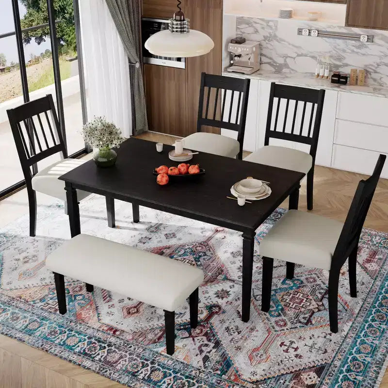 Set sala da pranzo rustico per 6, tavolo rettangolare in legno da 6 pezzi e 4 sedie con panca per cucina