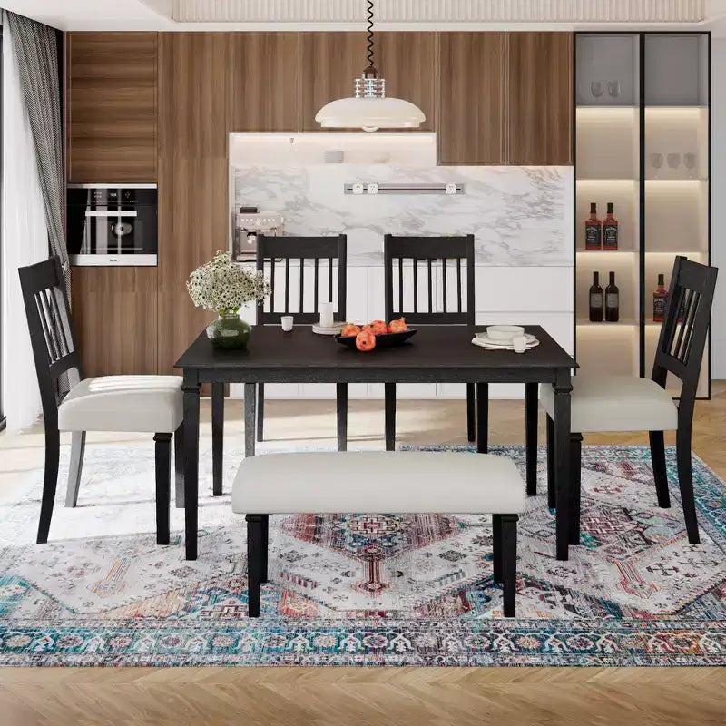 Set sala da pranzo rustico per 6, tavolo rettangolare in legno da 6 pezzi e 4 sedie con panca per cucina