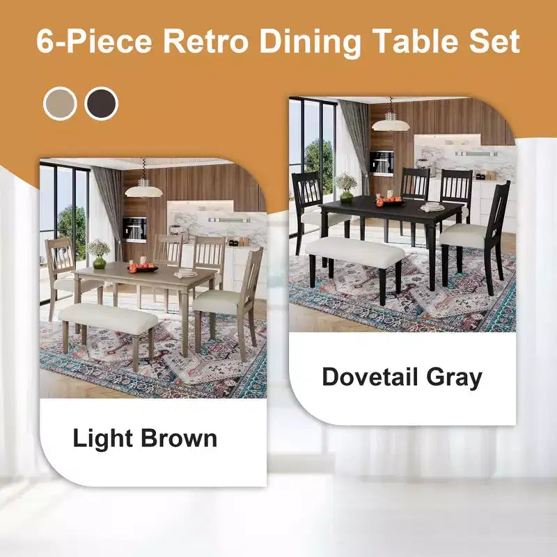 Set sala da pranzo rustico per 6, tavolo rettangolare in legno da 6 pezzi e 4 sedie con panca per cucina