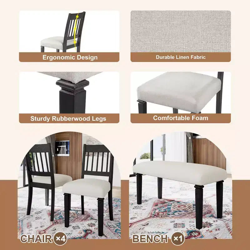 Set sala da pranzo rustico per 6, tavolo rettangolare in legno da 6 pezzi e 4 sedie con panca per cucina