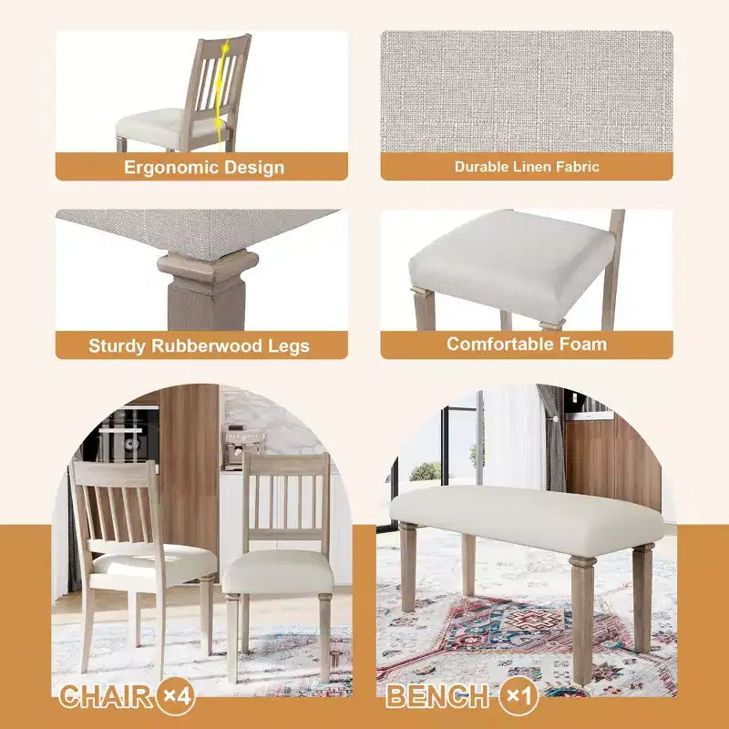 Set sala da pranzo rustico per 6, tavolo rettangolare in legno da 6 pezzi e 4 sedie con panca per cucina