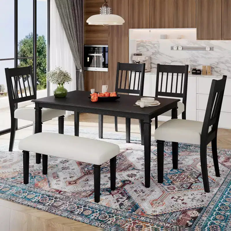 Set sala da pranzo rustico per 6, tavolo rettangolare in legno da 6 pezzi e 4 sedie con panca per cucina