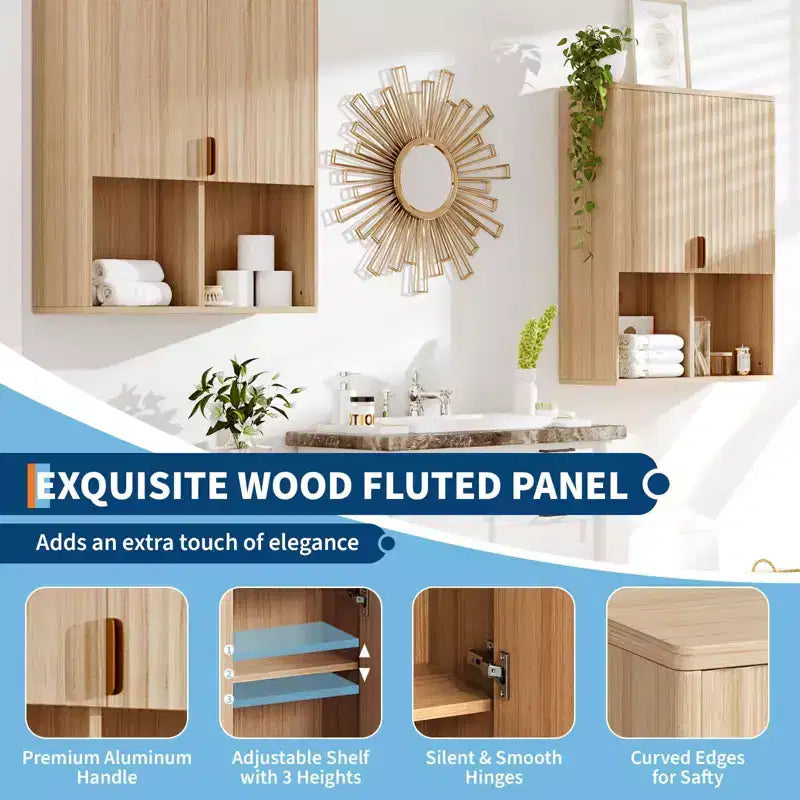 GustoWave Mobiletto da Bagno Fluted, Mobile Pensile Sopra WC 23x29 con Ripiano Regolabile, Armadietto dei Medicinali Moderno in Legno con Cerniere Ammortizzate