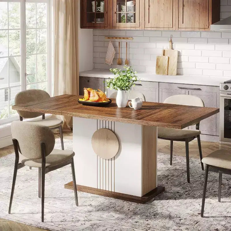 Tavolo da pranzo Lantine 55 Farmhouse per 4-6 persone, tavolo rettangolare in legno per cucina, sala da pranzo, soggiorno