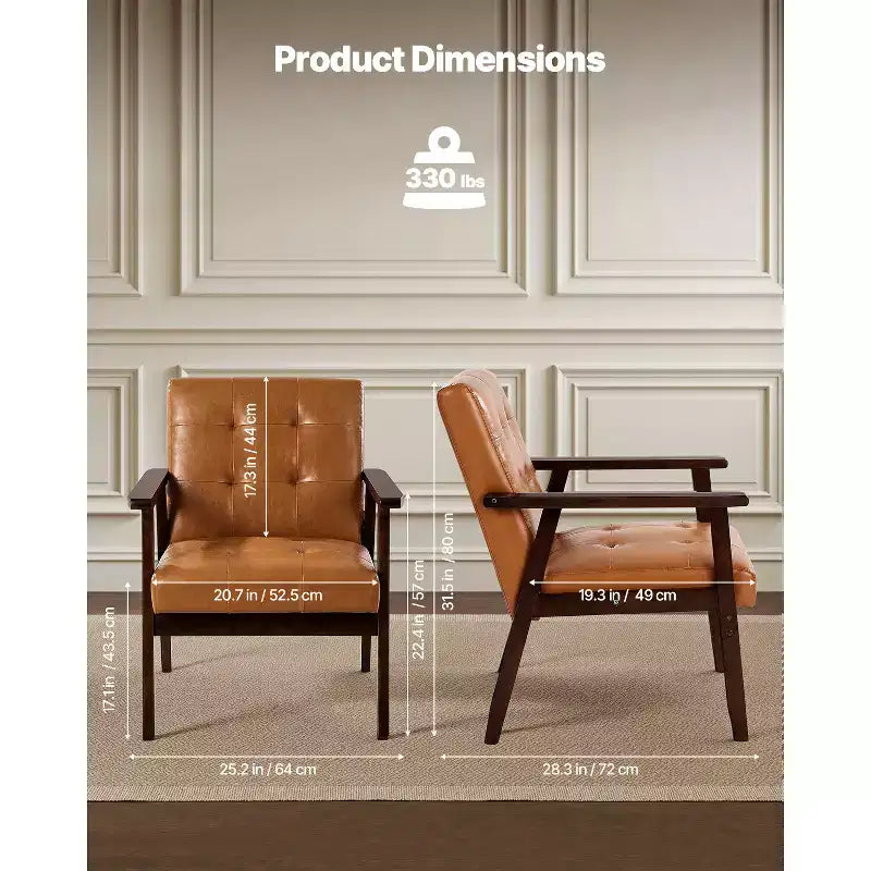 Poltrona VEVOR Accent, poltrona moderna di metà secolo con struttura in legno massello e gambe antiscivolo, sedia relax imbottita in pelle PU, marrone