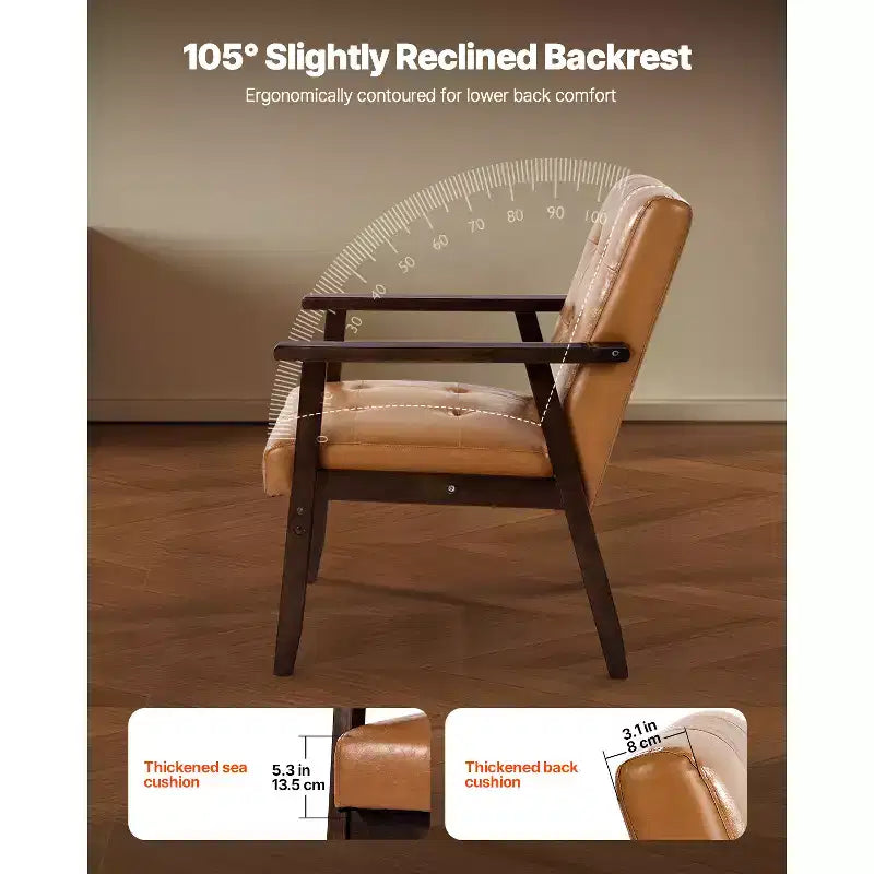Poltrona VEVOR Accent, poltrona moderna di metà secolo con struttura in legno massello e gambe antiscivolo, sedia relax imbottita in pelle PU, marrone