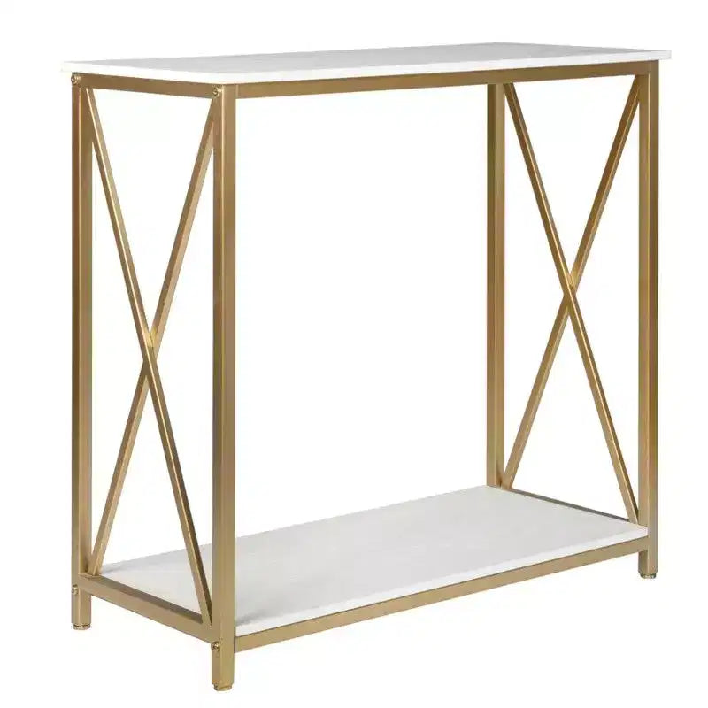 Tavolo da veranda con 2 ripiani, telaio laterale a X in legno e ferro, 78.2*35.1*76.2 cm, pannello bianco, telaio oro