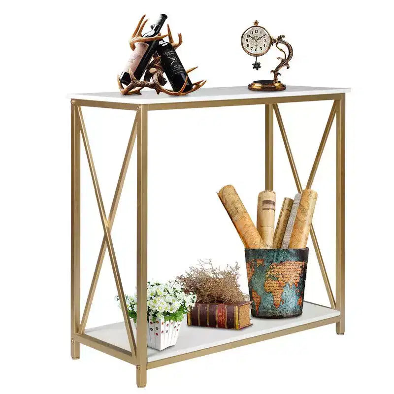 Tavolo da veranda con 2 ripiani, telaio laterale a X in legno e ferro, 78.2*35.1*76.2 cm, pannello bianco, telaio oro