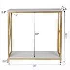 Tavolo da veranda con 2 ripiani, telaio laterale a X in legno e ferro, 78.2*35.1*76.2 cm, pannello bianco, telaio oro