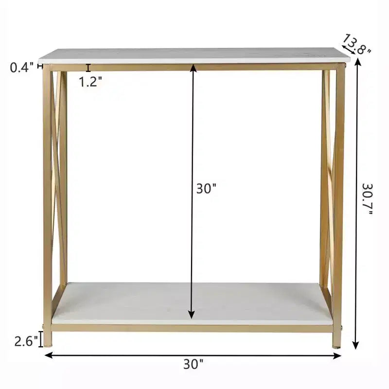 Tavolo da veranda con 2 ripiani, telaio laterale a X in legno e ferro, 78.2*35.1*76.2 cm, pannello bianco, telaio oro
