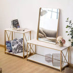 Tavolo da veranda con 2 ripiani, telaio laterale a X in legno e ferro, 78.2*35.1*76.2 cm, pannello bianco, telaio oro