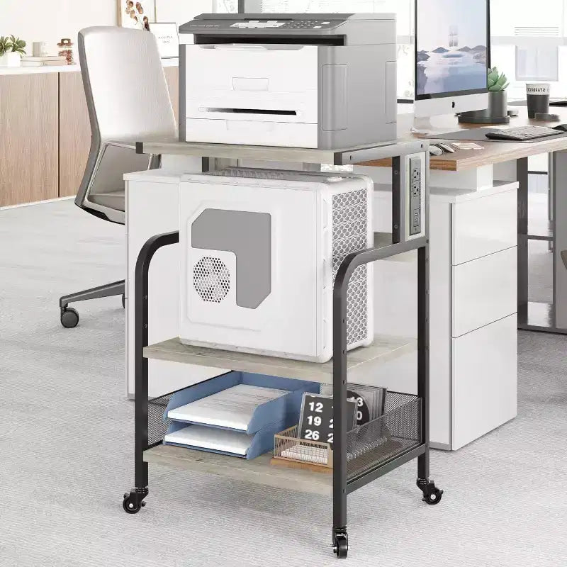 Acekool Supporto per Stampante Grande con Prese di Corrente e Porte USB, Carrello Regolabile a 3 Livelli con Ruote per Ufficio Domestico, Nero Rustico