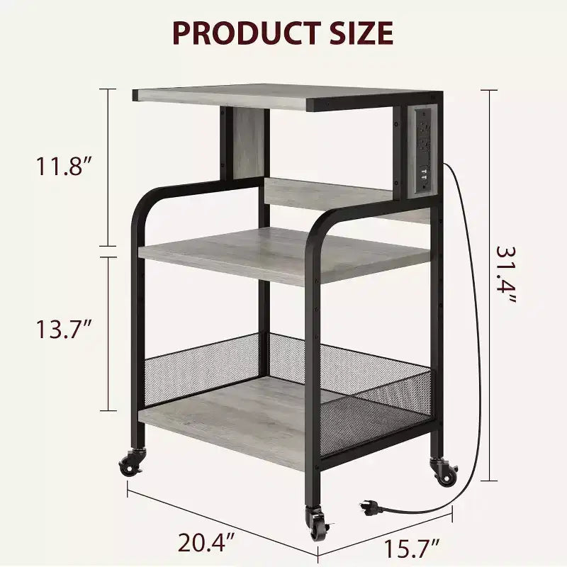 Acekool Supporto per Stampante Grande con Prese di Corrente e Porte USB, Carrello Regolabile a 3 Livelli con Ruote per Ufficio Domestico, Nero Rustico