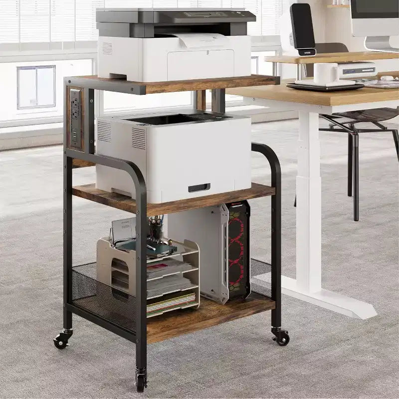 Acekool Supporto per Stampante Grande con Prese di Corrente e Porte USB, Carrello Regolabile a 3 Livelli con Ruote per Ufficio Domestico, Nero Rustico