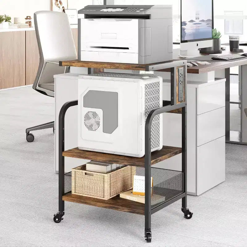 Acekool Supporto per Stampante Grande con Prese di Corrente e Porte USB, Carrello Regolabile a 3 Livelli con Ruote per Ufficio Domestico, Nero Rustico