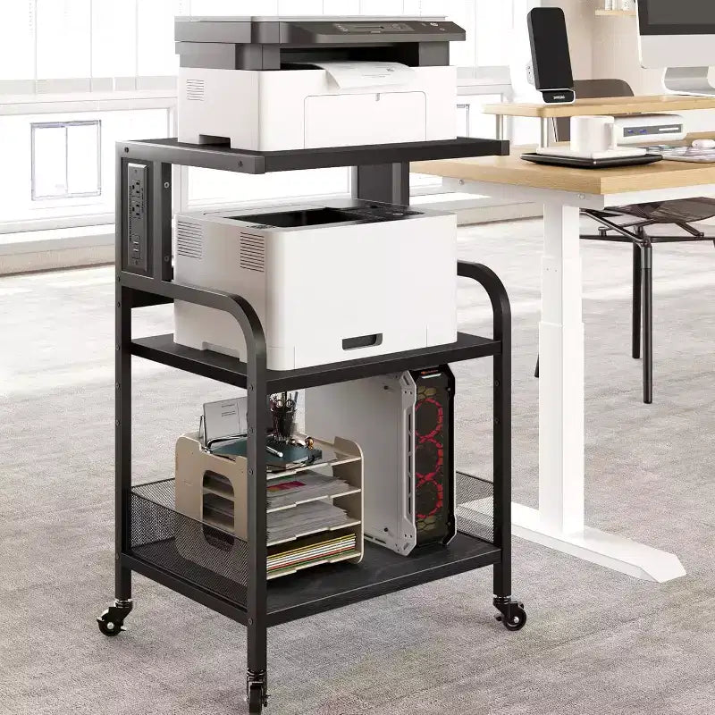 Acekool Supporto per Stampante Grande con Prese di Corrente e Porte USB, Carrello Regolabile a 3 Livelli con Ruote per Ufficio Domestico, Nero Rustico