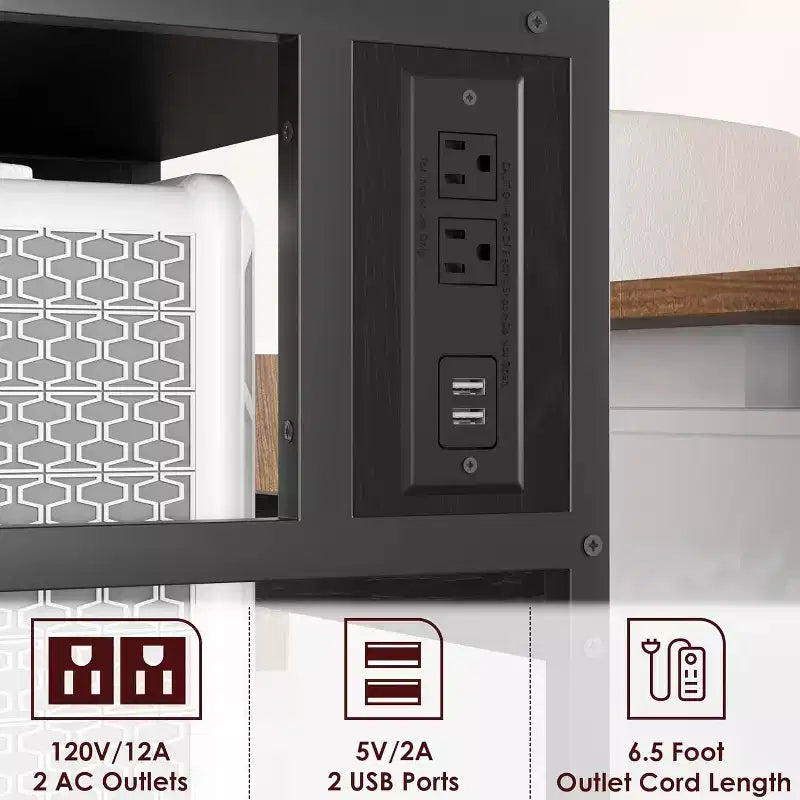 Acekool Supporto per Stampante Grande con Prese di Corrente e Porte USB, Carrello Regolabile a 3 Livelli con Ruote per Ufficio Domestico, Nero Rustico