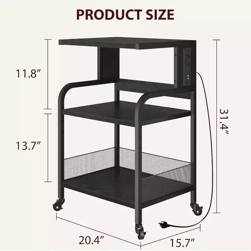 Acekool Supporto per Stampante Grande con Prese di Corrente e Porte USB, Carrello Regolabile a 3 Livelli con Ruote per Ufficio Domestico, Nero Rustico
