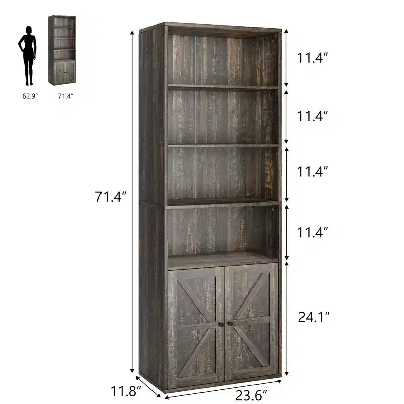 Libreria a colonna in stile rustico con ante, altezza 181 cm, profondità 30 cm, scaffale espositivo portaoggetti, libreria industriale in legno a 6 ripiani per soggiorno