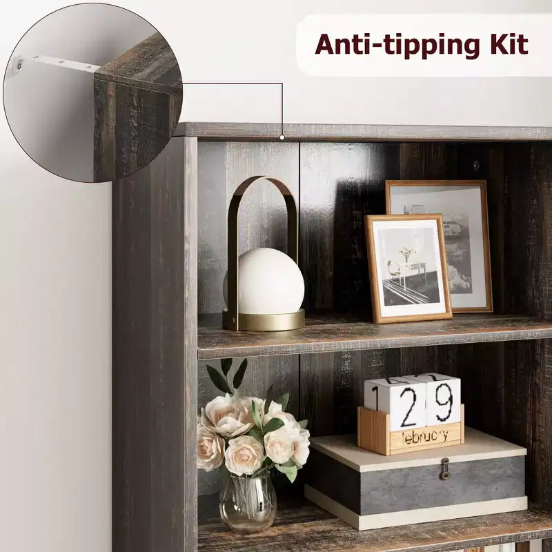 Libreria a colonna in stile rustico con ante, altezza 181 cm, profondità 30 cm, scaffale espositivo portaoggetti, libreria industriale in legno a 6 ripiani per soggiorno
