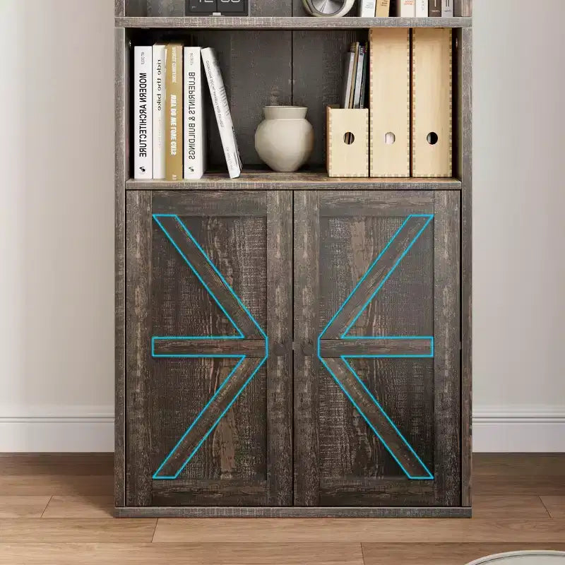 Libreria a colonna in stile rustico con ante, altezza 181 cm, profondità 30 cm, scaffale espositivo portaoggetti, libreria industriale in legno a 6 ripiani per soggiorno