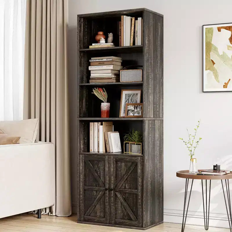Libreria a colonna in stile rustico con ante, altezza 181 cm, profondità 30 cm, scaffale espositivo portaoggetti, libreria industriale in legno a 6 ripiani per soggiorno