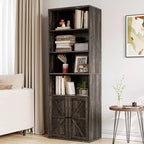 Libreria a colonna in stile rustico con ante, altezza 181 cm, profondità 30 cm, scaffale espositivo portaoggetti, libreria industriale in legno a 6 ripiani per soggiorno