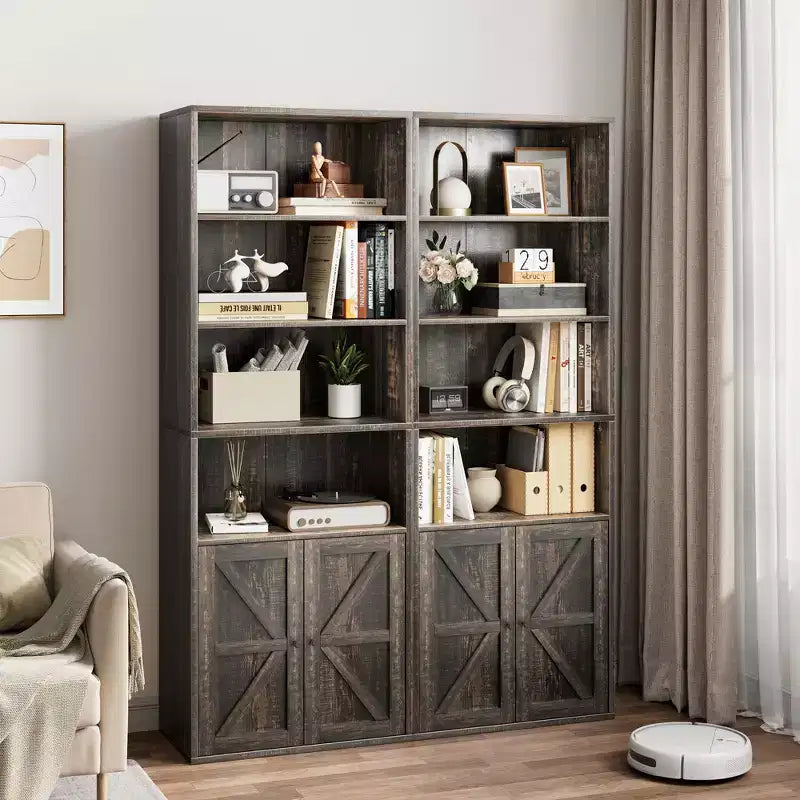 Libreria a colonna in stile rustico con ante, altezza 181 cm, profondità 30 cm, scaffale espositivo portaoggetti, libreria industriale in legno a 6 ripiani per soggiorno