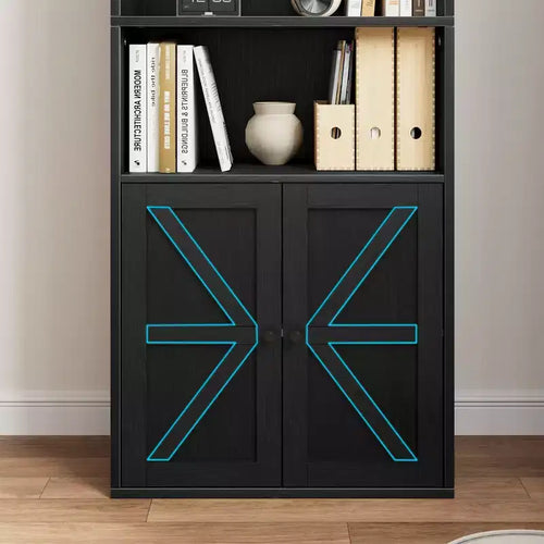 Libreria a colonna in stile rustico con ante, altezza 181 cm, profondità 30 cm, scaffale espositivo portaoggetti, libreria industriale in legno a 6 ripiani per soggiorno