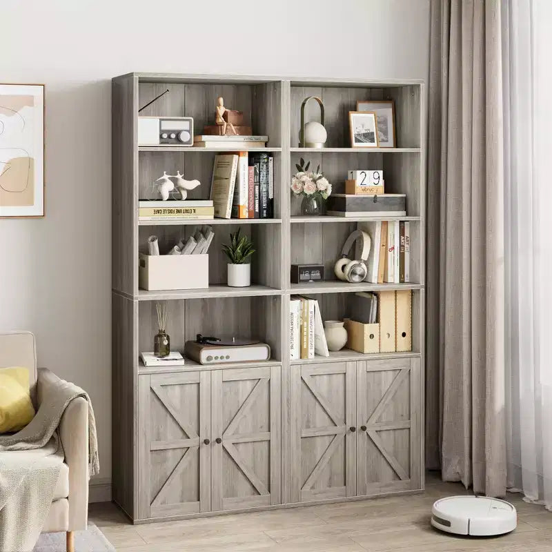 Libreria a colonna in stile rustico con ante, altezza 181 cm, profondità 30 cm, scaffale espositivo portaoggetti, libreria industriale in legno a 6 ripiani per soggiorno