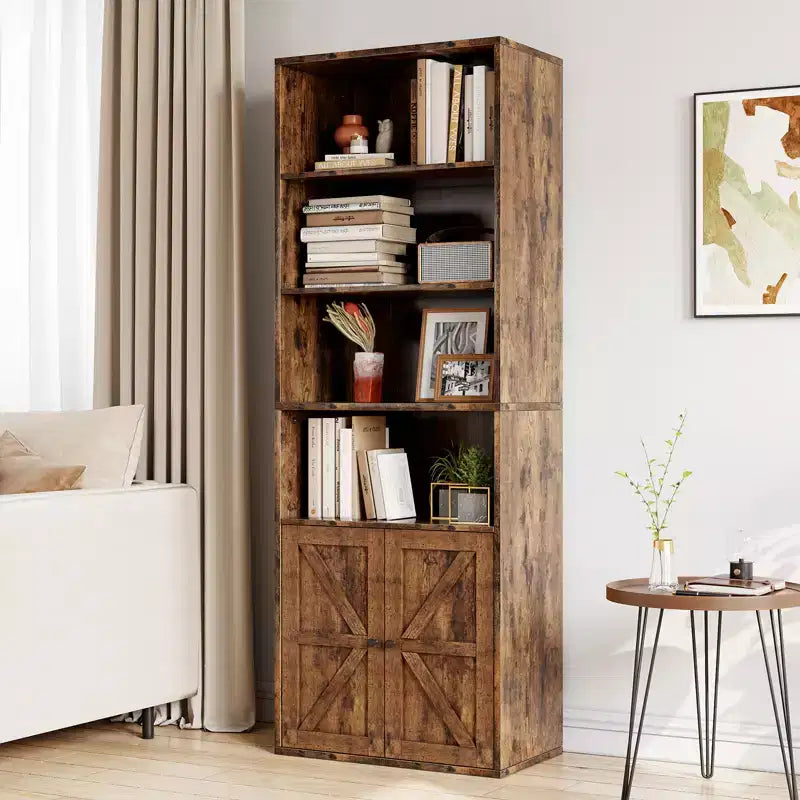 Libreria a colonna in stile rustico con ante, altezza 181 cm, profondità 30 cm, scaffale espositivo portaoggetti, libreria industriale in legno a 6 ripiani per soggiorno