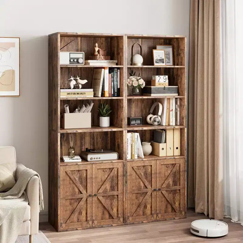 Libreria a colonna in stile rustico con ante, altezza 181 cm, profondità 30 cm, scaffale espositivo portaoggetti, libreria industriale in legno a 6 ripiani per soggiorno