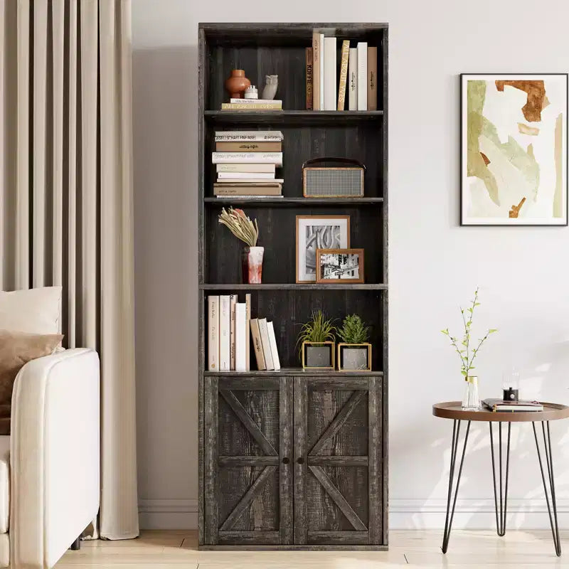 Libreria a colonna in stile rustico con ante, altezza 181 cm, profondità 30 cm, scaffale espositivo portaoggetti, libreria industriale in legno a 6 ripiani per soggiorno