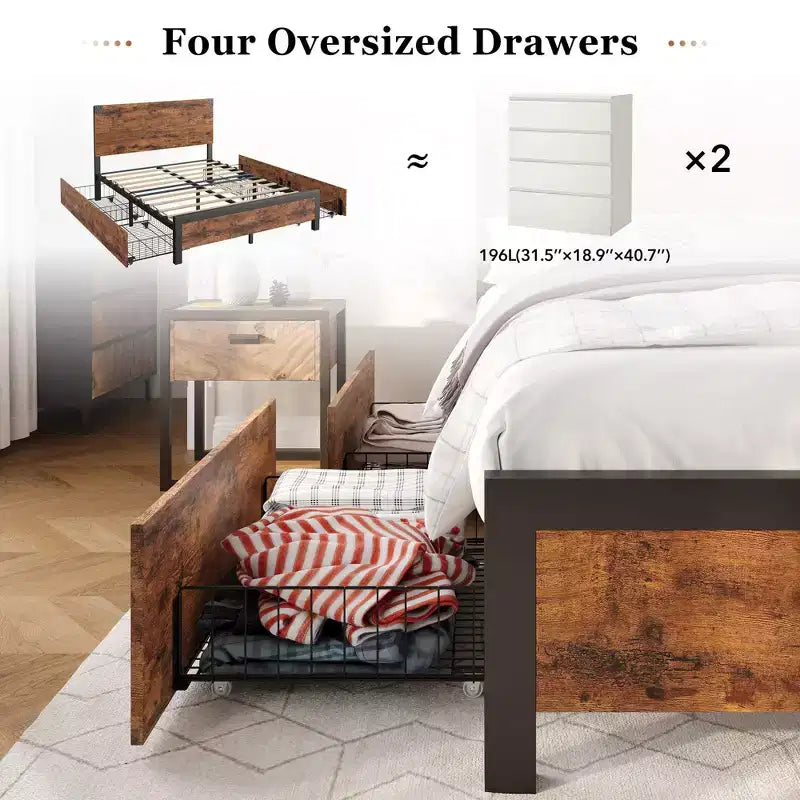 Struttura Letto Matrimoniale Queen Size con 4 Cassetti Contenitore e Struttura in Metallo Resistente per Carichi Pesanti, con Testiera in Legno, Nessuna Rete a Molle Necessaria, Facile da Montare
