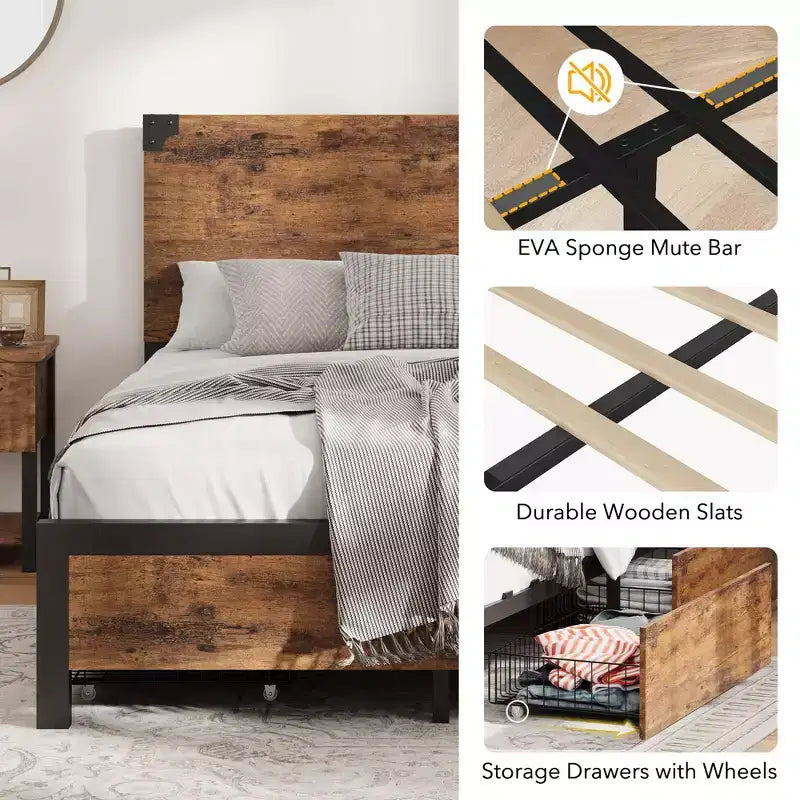 Struttura Letto Matrimoniale Queen Size con 4 Cassetti Contenitore e Struttura in Metallo Resistente per Carichi Pesanti, con Testiera in Legno, Nessuna Rete a Molle Necessaria, Facile da Montare