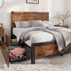 Struttura Letto Matrimoniale Queen Size con 4 Cassetti Contenitore e Struttura in Metallo Resistente per Carichi Pesanti, con Testiera in Legno, Nessuna Rete a Molle Necessaria, Facile da Montare