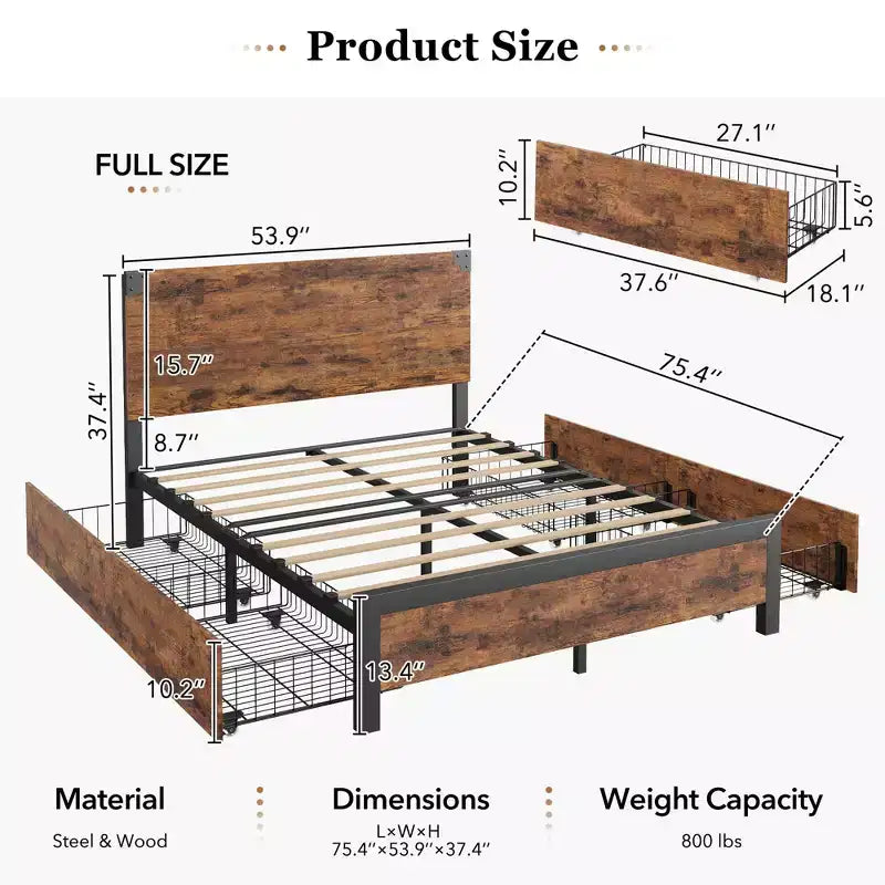 Struttura Letto Matrimoniale Queen Size con 4 Cassetti Contenitore e Struttura in Metallo Resistente per Carichi Pesanti, con Testiera in Legno, Nessuna Rete a Molle Necessaria, Facile da Montare