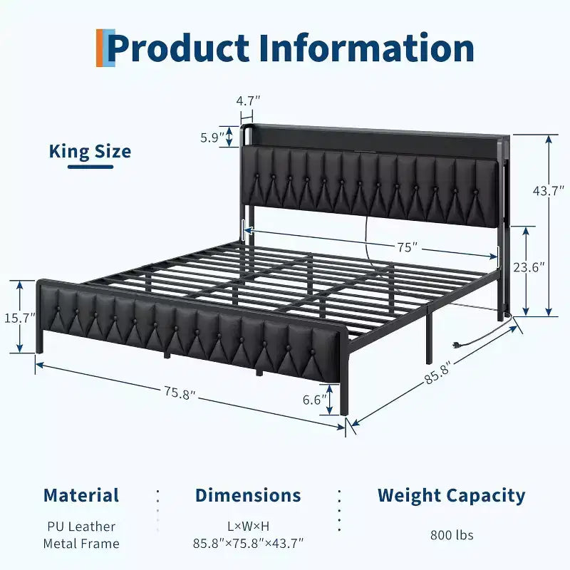 Struttura letto King Size con stazione di ricarica, struttura letto a piattaforma interamente in metallo con testiera e pediera, silenziosa, non richiede rete a molle, facile da montare, nera