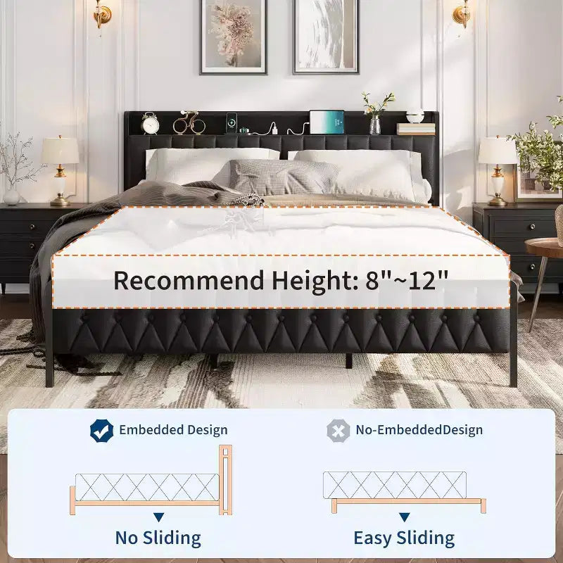Struttura letto King Size con stazione di ricarica, struttura letto a piattaforma interamente in metallo con testiera e pediera, silenziosa, non richiede rete a molle, facile da montare, nera