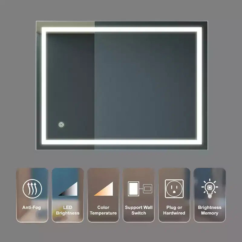 Acekool Specchio da Bagno 81x61 cm con Tocco Dimmerabile a 3 Colori, Antiappannamento, Controllo Interruttore a Parete, Specchio da Parete Rettangolare Impermeabile