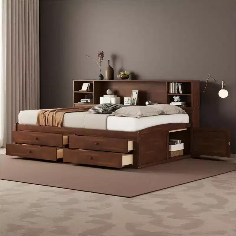 Letto a piattaforma Merax in legno massiccio, piazza e mezza, con contenitore e cassettoni