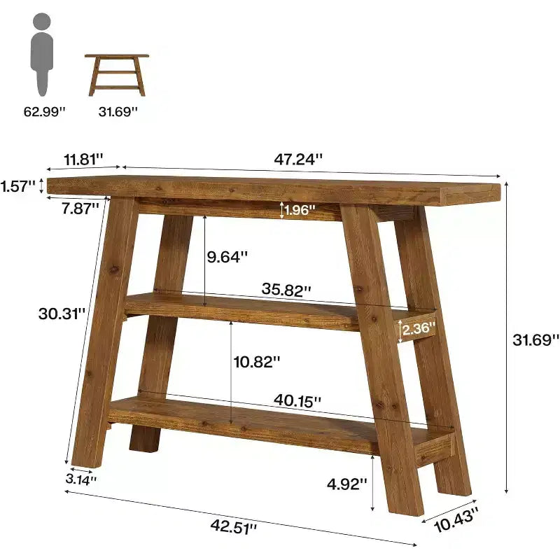 Tavolo Consolle in Legno Massello Lantine da 120 cm, Tavolo da Ingresso Rustico a 3 Ripiani con Scaffali, Tavolo d'Appoggio Stretto per Soggiorno, Corridoio