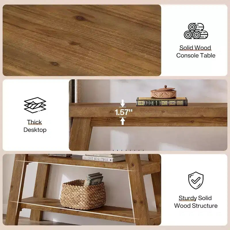 Tavolo Consolle in Legno Massello Lantine da 120 cm, Tavolo da Ingresso Rustico a 3 Ripiani con Scaffali, Tavolo d'Appoggio Stretto per Soggiorno, Corridoio