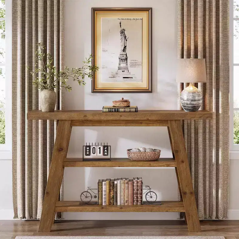 Tavolo Consolle in Legno Massello Lantine da 120 cm, Tavolo da Ingresso Rustico a 3 Ripiani con Scaffali, Tavolo d'Appoggio Stretto per Soggiorno, Corridoio