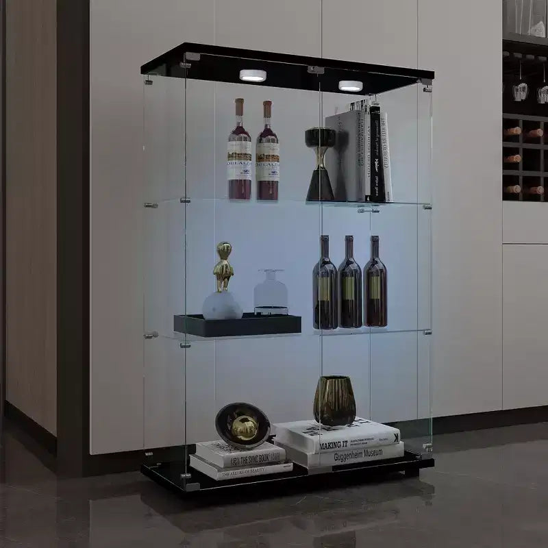 MAYEERTY Tempered Glass Display Cabinet Wine Storage File Cabinet Battery powered Paipai Light Adjustable Floor Feet Living Room Bedroom Office Black