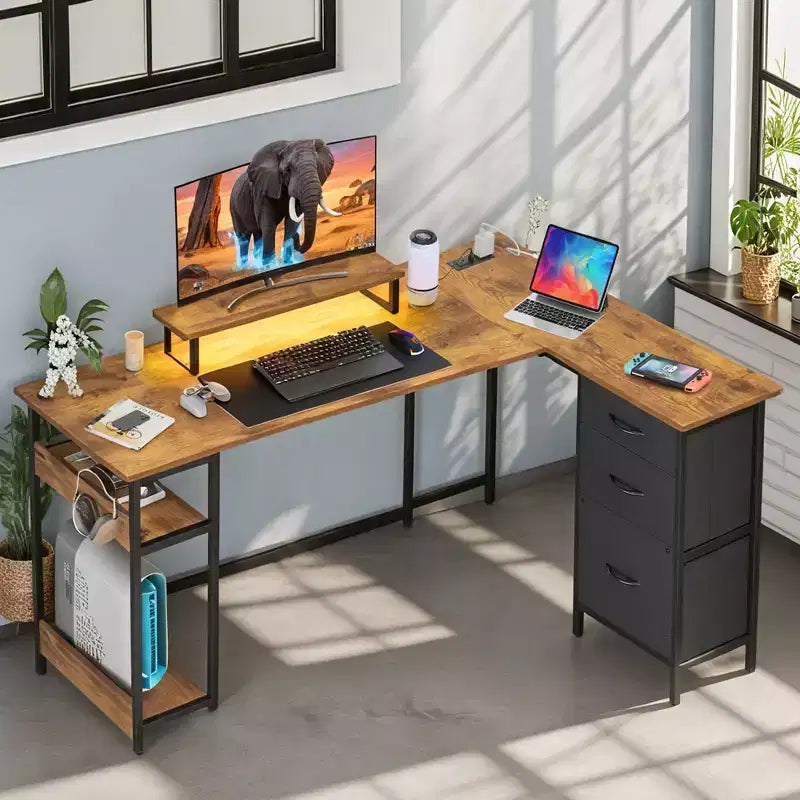 GALAXHERO Scrivania Gaming a L da 152 cm, Scrivania ad Angolo per Computer con Contenitore, Prese di Corrente e Luci LED, Scrivania per Ufficio/Gaming per Camera da Letto