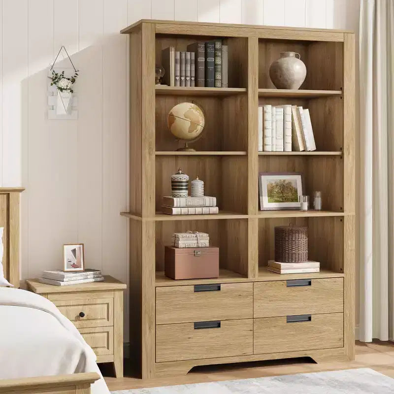 Libreria alta 183 cm con contenitore, libreria a pavimento stile farmhouse, libreria con 4 cassetti, scaffali espositivi autoportanti